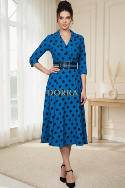 Rochie midi Petronela albastra, cu revere, buzunare si curea